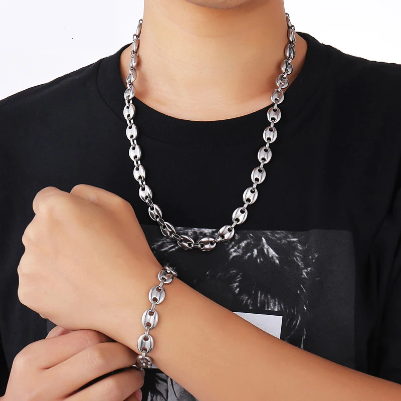 

Charm Men Necklace Coffee Beans Chain Bracelet Stainless Steel 11MM Handmade Hip Hop Punk Jewelry Gold Filled Gifts 20-60CM