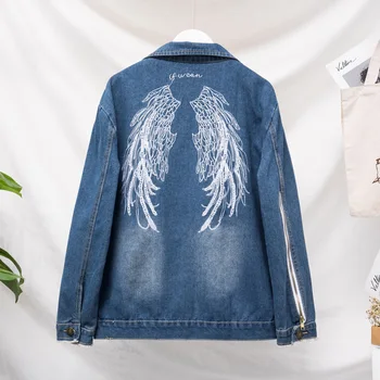 

Plus Size 5XL Angle Wings Embroidery Women Jeans Jackets Loose Single-breasted BF Denim Coat Ripped Zipper Long Sleeve Outwear