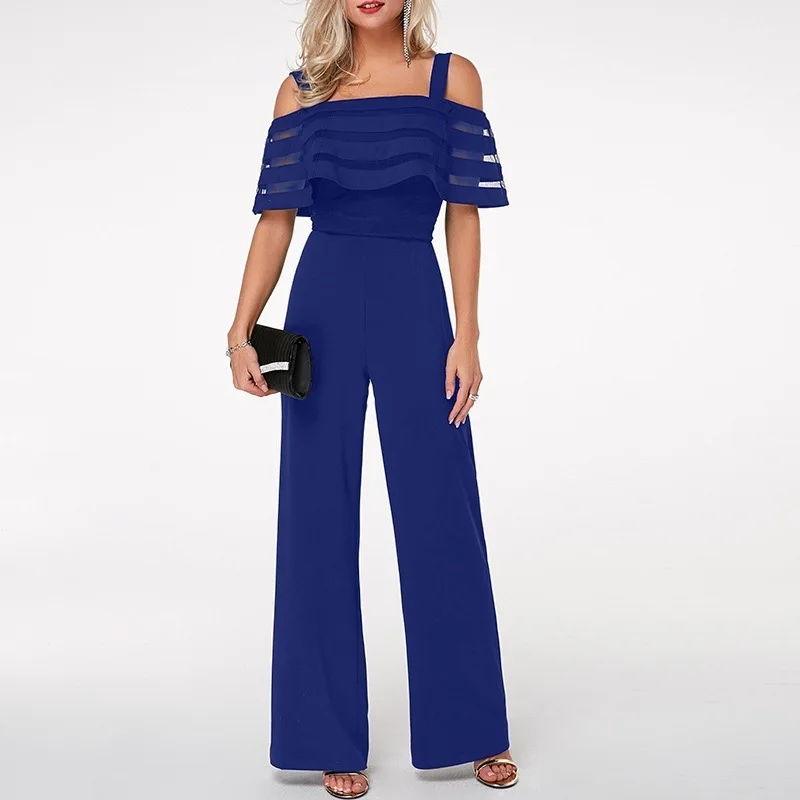 Plus Size Long Wide Leg Romper Overlay Embellished Black Strappy Cold Shoulder Jumpsuit Loose Solid Jumpsuit