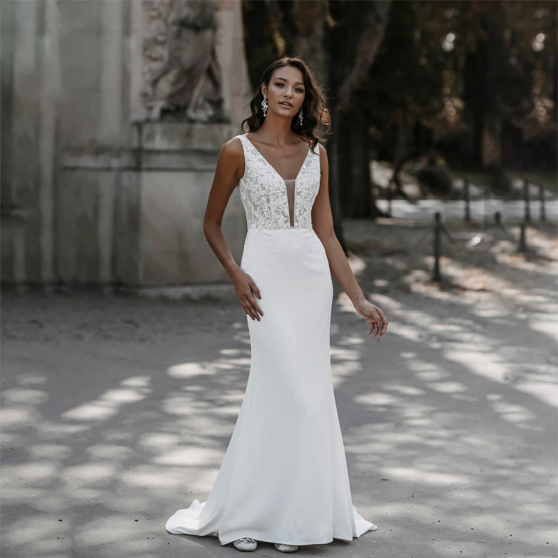 

Sexy Deep V Neck Sheath Beach Wedding Dress 2021 Applique Lace Custom Made Robe De Mariee Tulle Elegant Low Back Bridal Gowns
