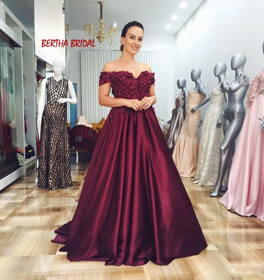 Выпускные платья Burgundy с открытыми плечами А-линия 3D Цветочные Формальные платья женские элегантные Vestido De Fiesta De gala
