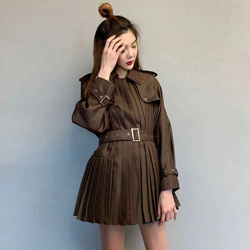 TWOTWINSTYLE/осенние Лоскутные женские пальто с рюшами, воротник с лацканами, длинный рукав, высокая талия, с поясом,, негабаритная мода, Новинка