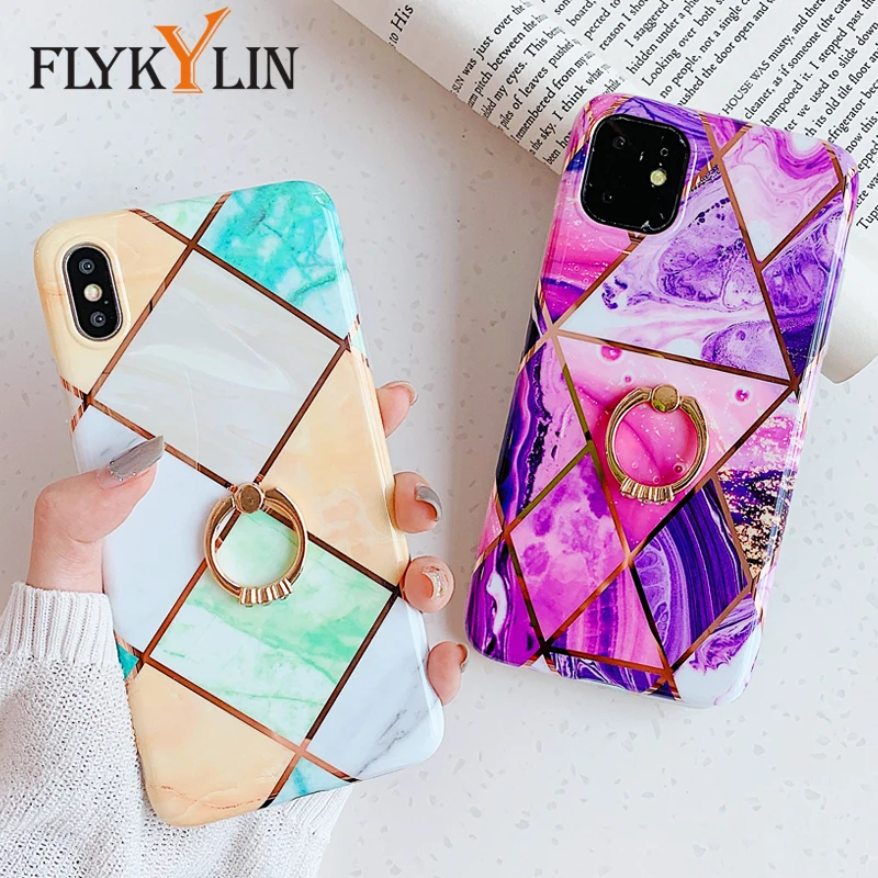 

FLYKYLIN Plating Marble Case For iphone 11 Pro Max Back Cover on For Huawei P30 Pro P20 Lite IMD Silicone Phone Coque Ring Stand