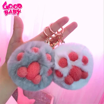 

Fluffy Cat Paw Fur Ball Keychain Pompom Key Chain Keyring Holder Women Bag Charm Trinket Plush Toys for Children Party Gifts