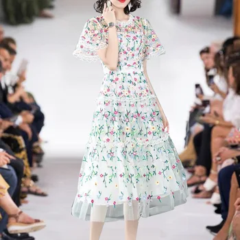

European 20 new dress white gauze round collar short sleeve summer heavy embroidery long temperament in the dress