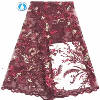 

Cheap wine African Lace Fabric High Quality 5yards Nigerian Lace Fabrics Embroidery Tulle French Lace For Women Dress FD1217