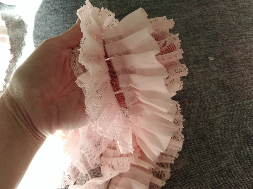 10 см шириной три слоя кружева кожи Розовый 3D плиссированная шифоновая ткань вышитые бахрома рюшами отделка пушистое платье Шитье DIY ленты