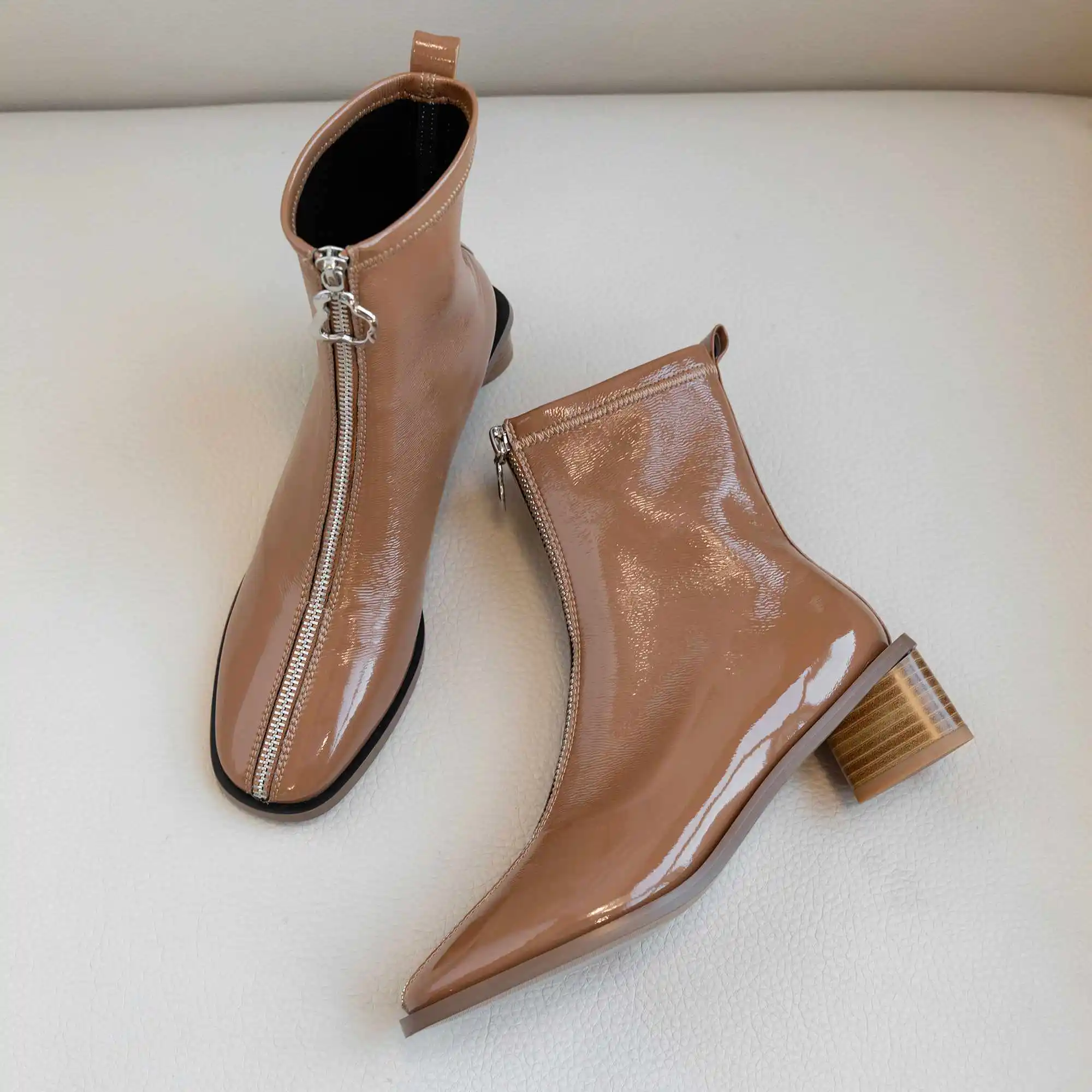 Krazing Pot design Zipper shiny patent leather stretch boots round toe med heels women winter warm daily wear ankle boots L56