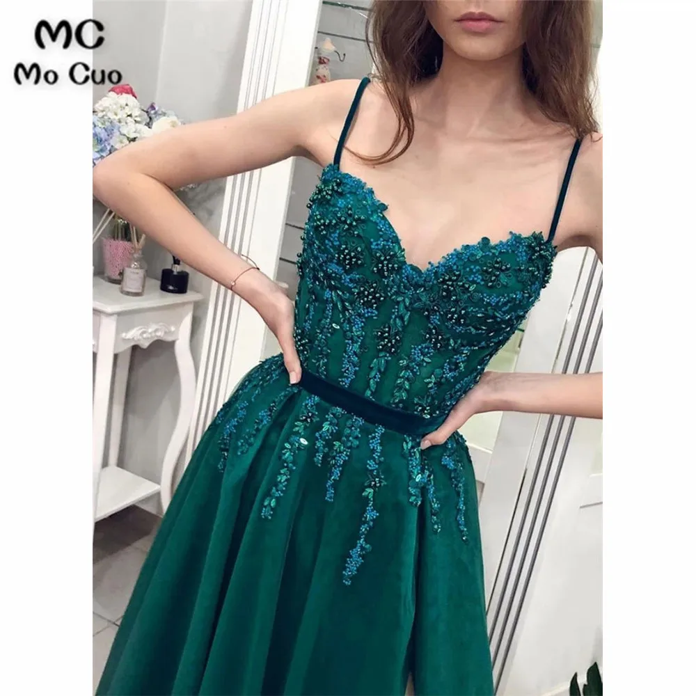 Green tulle beads long prom dress, green evening dress (2)