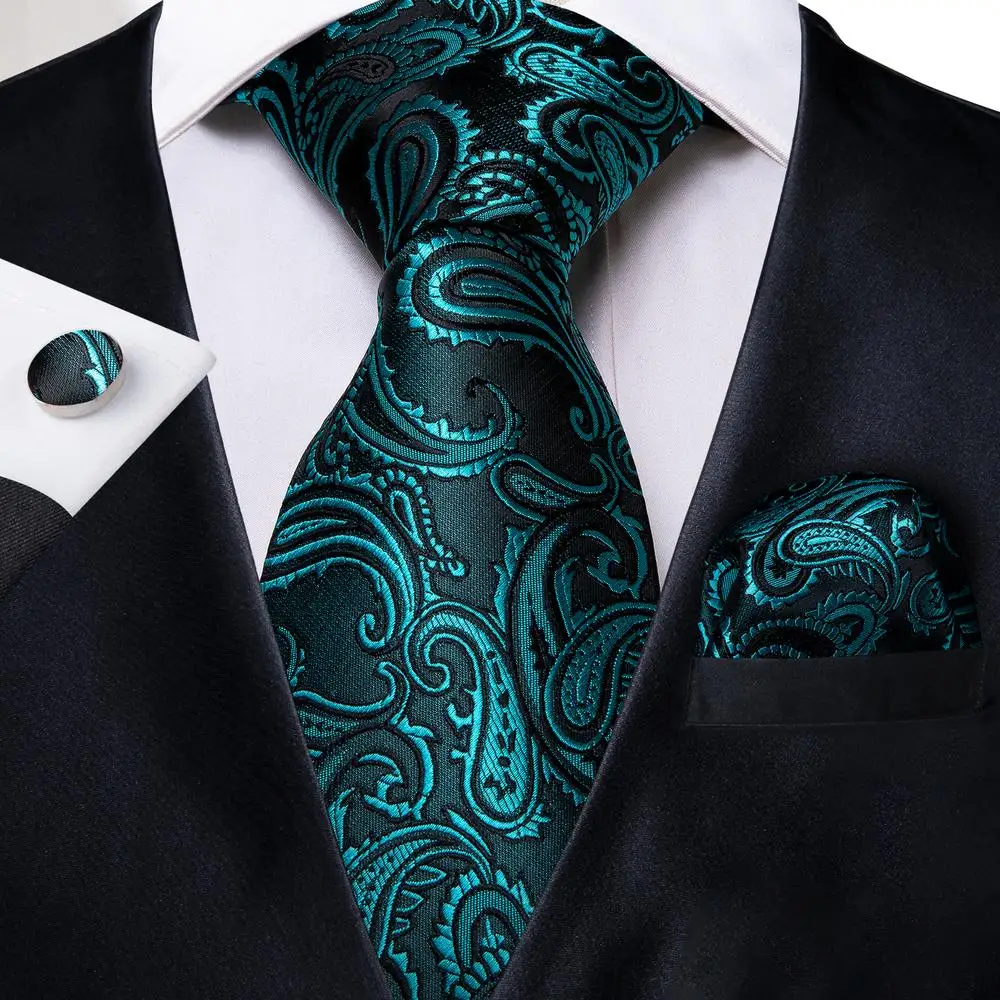 MENDENG Men Black Green Paisley Silk Necktie Ties Handkerchief 2 Pieces Tie Sets