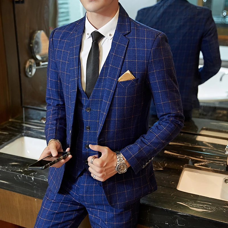 2019 men's suit three-piece wedding banquet dress checked style slim fit British style 307 2019 men's suit three-piece wedding banquet dress checked style slim fit British style 307
