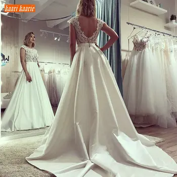 

Marvelous Lace O Neck Wedding Dress Long Backless Satin A line Bridal Dresses Slim fit Sweep Train Church Wedding Gowns Custom
