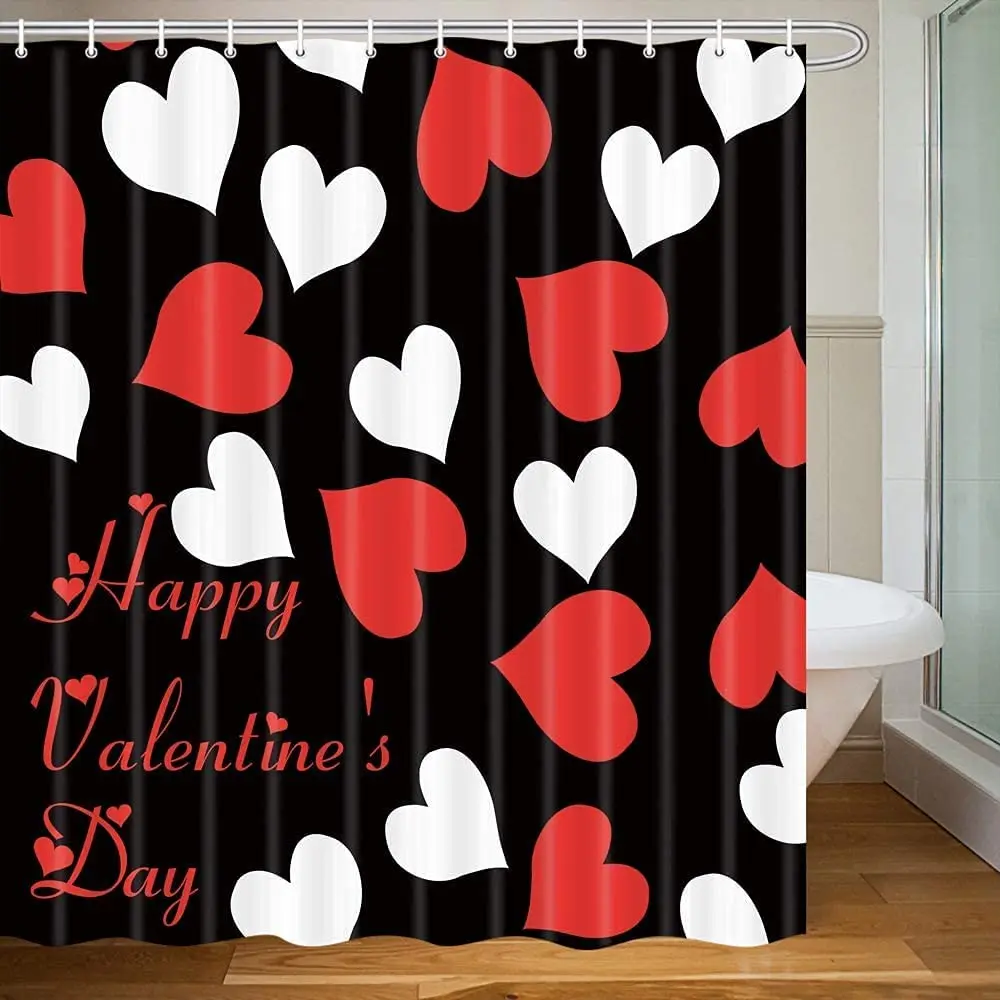 Red Hearts Happy Valentine's Day Shower Curtain Bathroom Polyester Fabric Hooks 