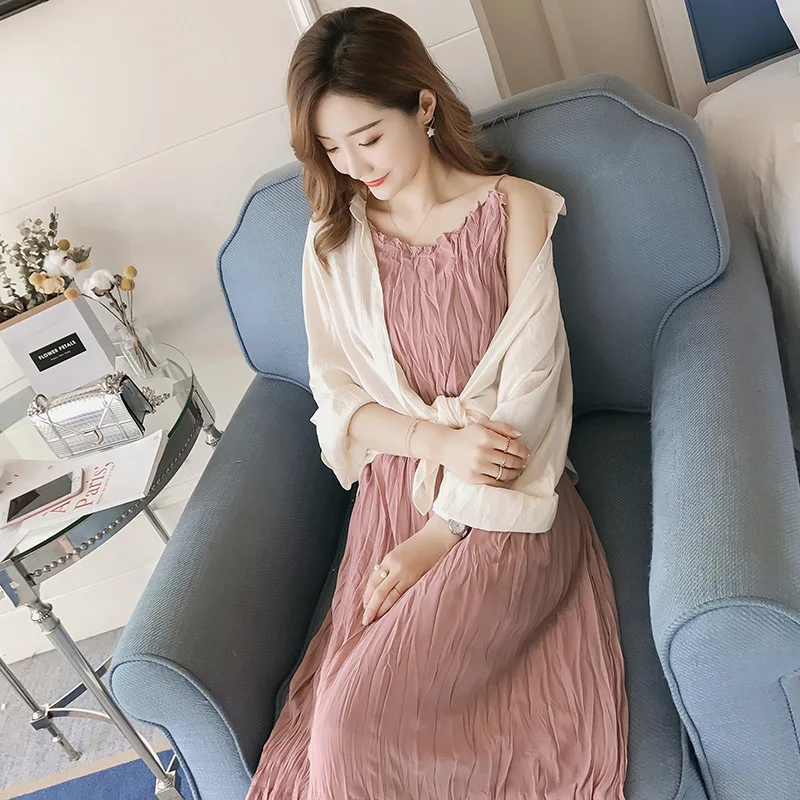 

2019 Summer Wear New Style Korean-style Chiffon High-waisted Hundred Wrinkle-Style Strap Dress Two-Piece Dress Women's Fashion