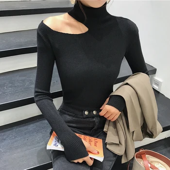 

2020 Knitted Women high neck Sweater Sexy Off Shoulder Pullovers Turtleneck Autumn Winter Basic Women Sweaters Slim Fit Tops