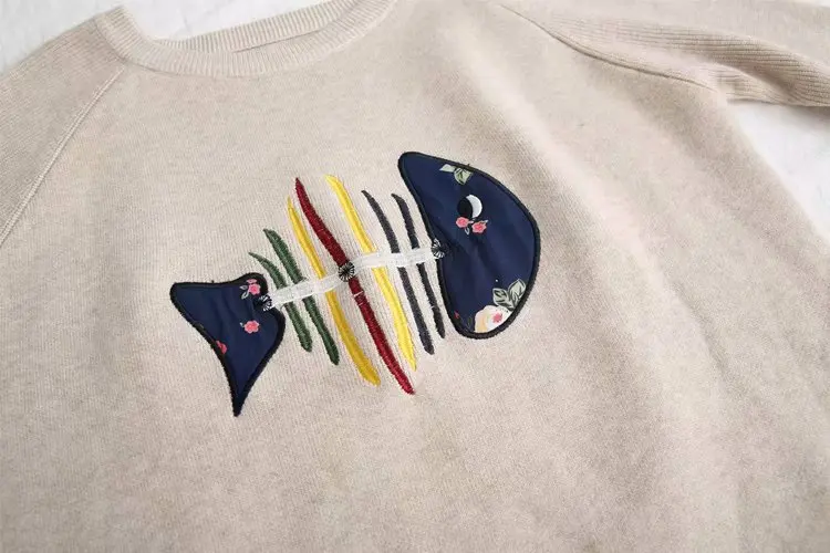 mori girl lovely fish bones embroidered patch loose long-sleeved o-neck knit sweater pullover female 55726