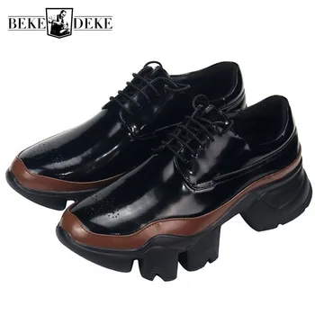 

New Designer Mens Genuine Leather Shoes Handmade Colors Mixed Thick Platform Shoes Male Lace Up Joggers Sneakers Casual Shoes