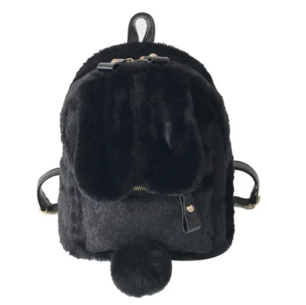 Пушистый рюкзак с заячьими ушками, милая сумка на плечо для девочек, мини Пушистый Плюшевый школьный рюкзак, зимняя Женская дорожная сумка - Цвет: Черный
