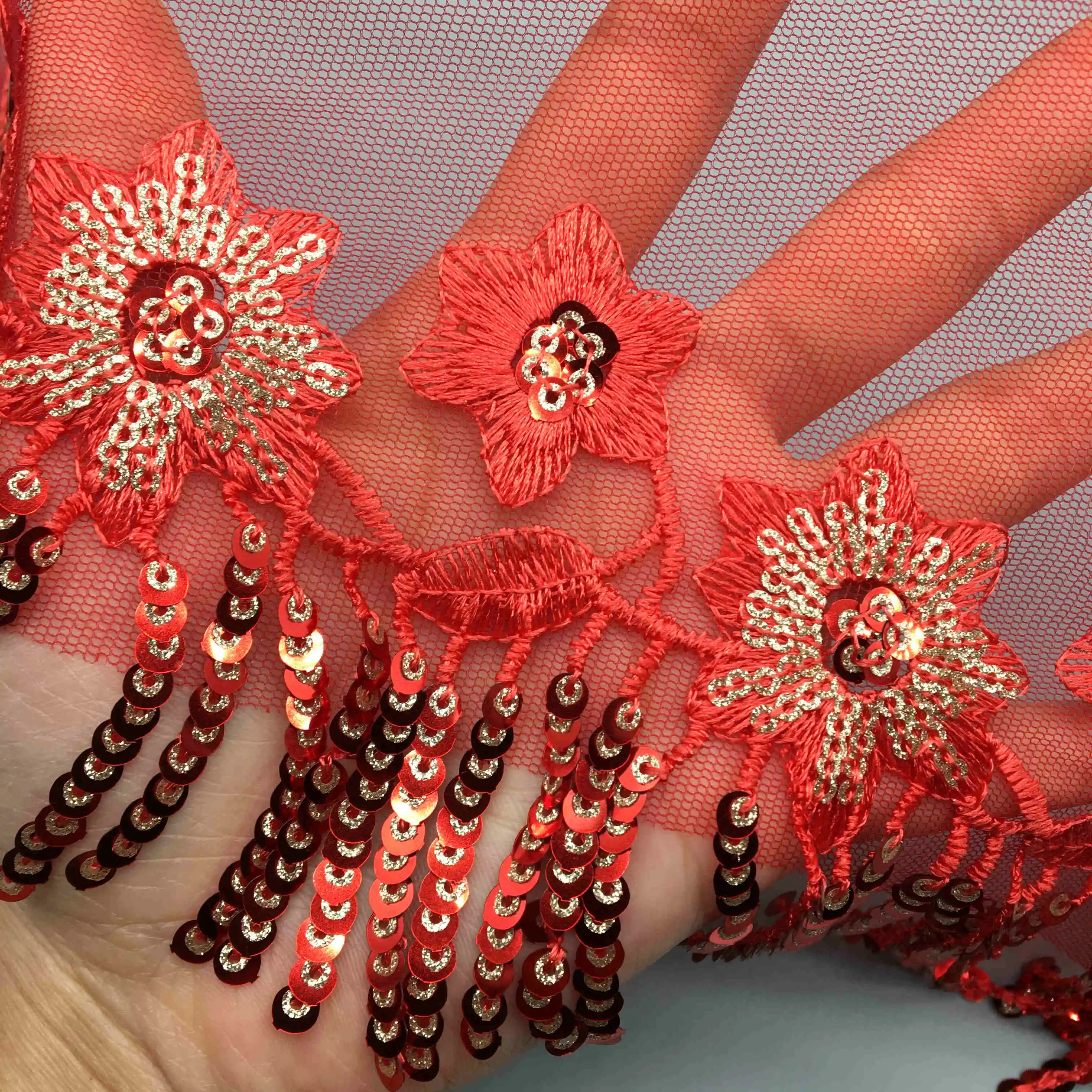 2 yards/Lot Red Sequin Lace Ribbon Sparkly Trim Glitter Fabric for Bikini Clothes Dress Stage Party Wedding DIY Decoration | Дом и сад