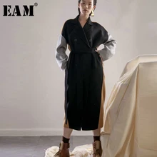 [EAM] длинное шерстяное пальто свободного кроя с разрезом контрастного цвета большого размера, парка, новинка, длинный рукав, женская мода, Осень-зима, 1H171