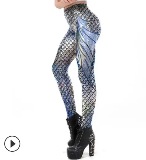 Sexy Femme Pencil Pant 3D printing Mermaid Scale Fins Blood Printed Elastic Slim Fitness Workout cosplay Women Leggings - Цвет: Серебристый