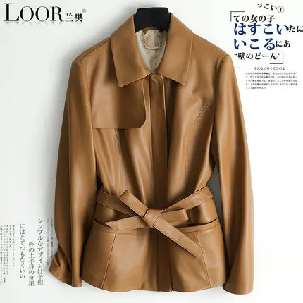 Tcyeek натуральная кожаная куртка женская Мото куртка+ ремень из настоящей овчины женское осеннее пальто тонкая Длинная Верхняя одежда зимняя одежда LR1937 - Цвет: Khaki