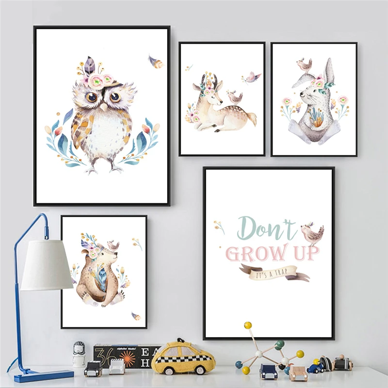 

Cartoon Owl Rabbit Deer Bear Poster and Prints Cartoon Forest Animals Canvas Painting On The Wall For Kids Room Nursery Picture
