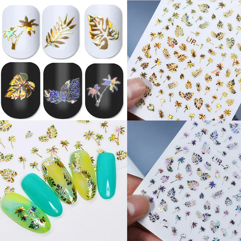 

Fall Autumn Holographic Gold 3D Nail Sticker Coconut Tree Leaf Holo Laser Adhesive Decal Sticker Manicure Nail Art Decoration