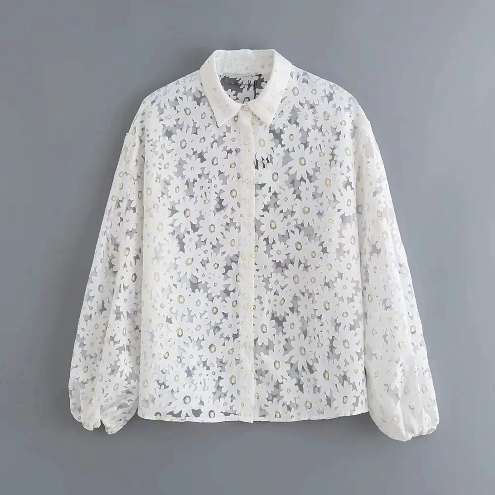 

Flower embroiedery Womens Blouses Shirts sunflower mesh white Shirts womens tops and blouses thin summer windbreakers streetwear