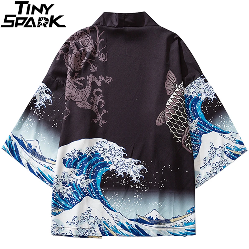 Kimono Jacket Harajuku Dragon Japanese Mens Streetwear Kanagawa Fish Koi Thin Gown Great-Wave