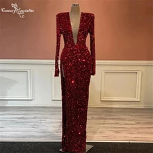 Robe De soirée rouge style sirène, manches longues, paillettes, fente haute, décolleté en v profond, Sexy, robes élégantes 