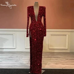 Red Prom Dresses Mermaid Long Sleeve Sequined High Slit Deep V-Neck Sexy Evening Dress Formal Gowns Vestido De Fiesta
