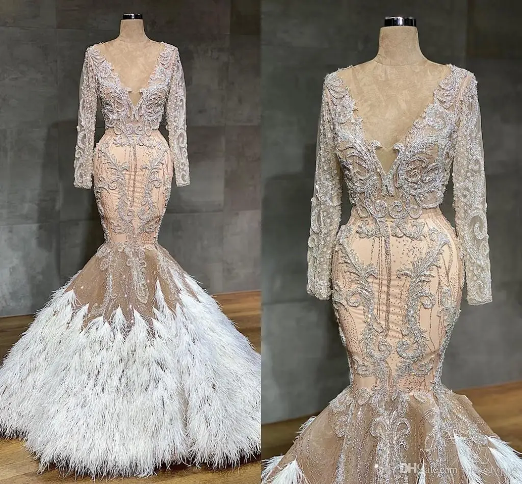 Арабское свадебное платье цвета шампанского с юбкой годе перьями сексуальное