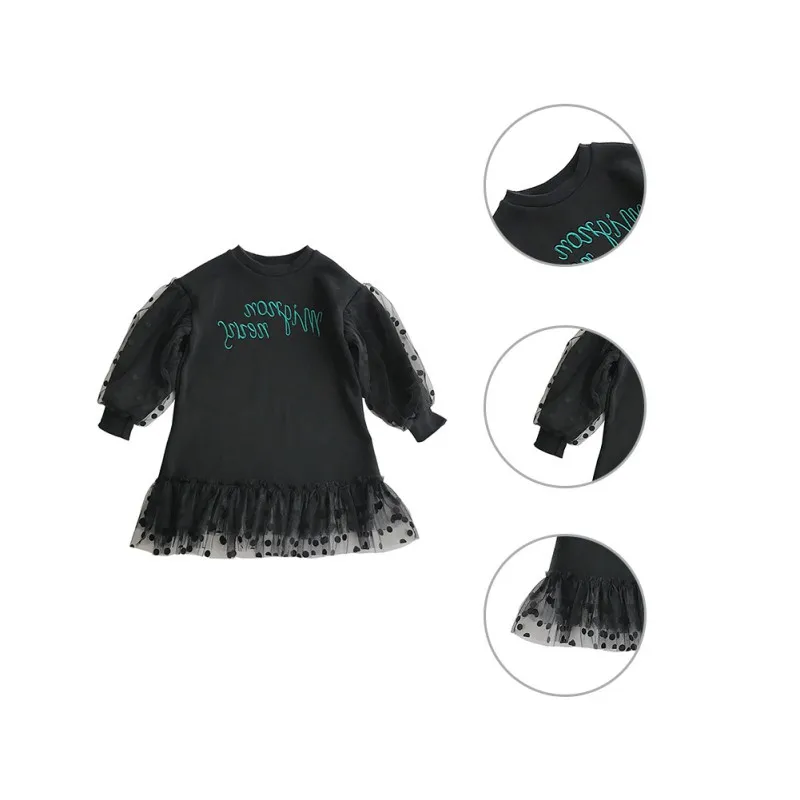 Детское милое Сетчатое платье в горошек с вышивкой для девочек; сезон весна-осень милое платье принцессы с длинными рукавами и круглым воротником