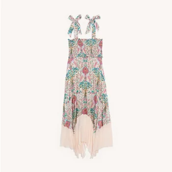 

Women Bow Tie Sling Midi Dress Vintage Print Sweet Pleated Spaghetti Strap Sleeveless Female Long Patchwork Dress 2020 New