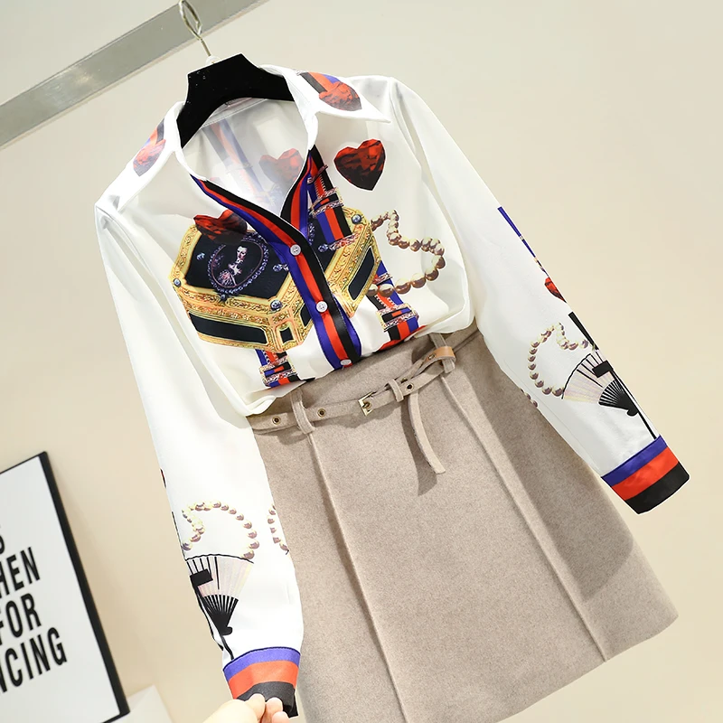 2022 Spring New Retro Print Blouse Women Lapel Shirt Woman Long Sleeve Shirt Tops Office Ladies All-match Blouuse Blusas Femme