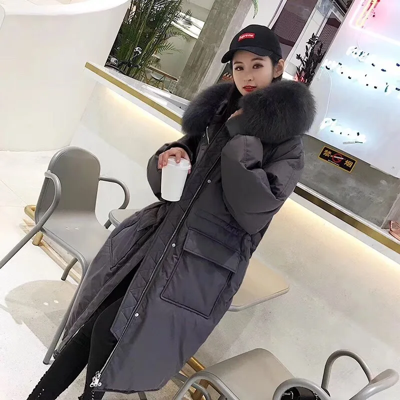 Корейский стиль, модное зимнее пуховое пальто Dongdaemun, большой меховой воротник, белый утиный пух, свободный, длинный пуховик для женщин