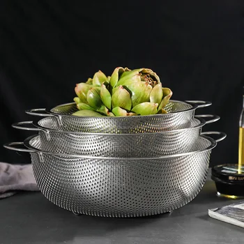 

Multifunction Fine Stainless Steel Single Ring/Binaural Drain Basket Strainer Kitchen Tool for Vegetables Fruit Noodles Washing