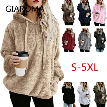

Women Winter Hooded Hoodie Pull Femme Teddy Hoody Top with Zipper Loose Style Streetwear Fluffy Pullovers Plus Size Female