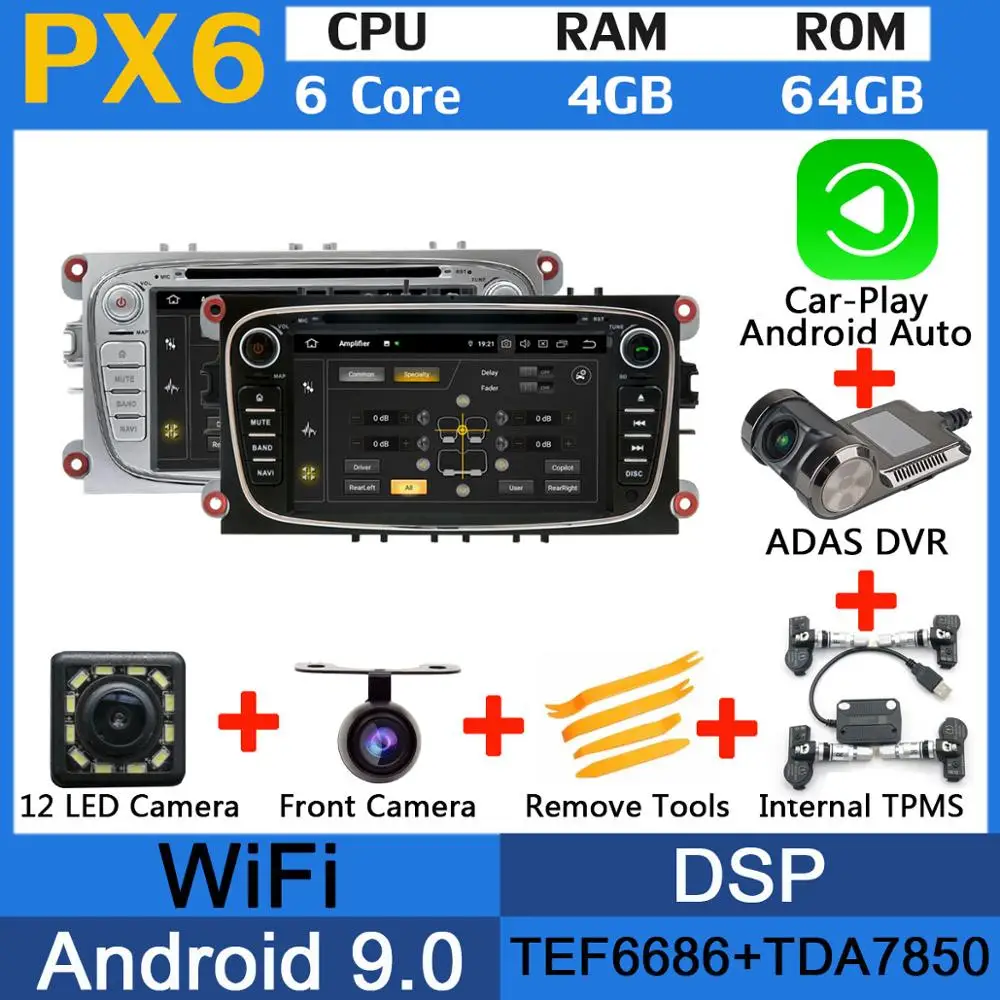 5 USB PX6/Восьмиядерный Android 9,0 автомобильный dvd-плеер для Ford Focus Mondeo Focus C-MAX S-MAX C S Max Kuga Galaxy Автомагнитола DSP Carplay - Цвет: PX6-Adas-Carplay-TMS