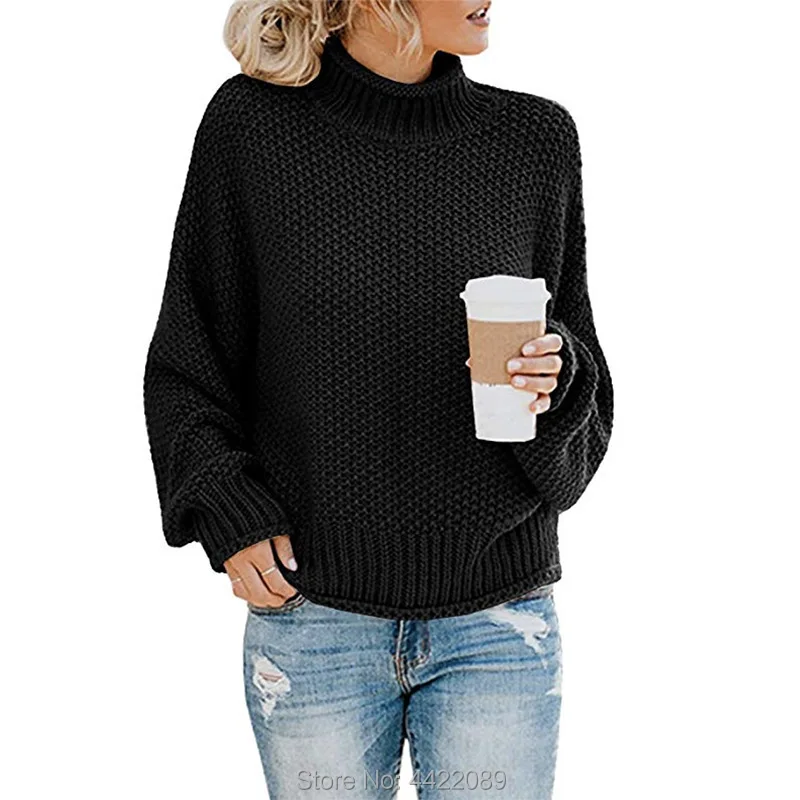Женские свитера с высоким воротом, пуловер с длинным рукавом и рукавом летучая мышь, Свободный вязаный джемпер - Цвет: Черный