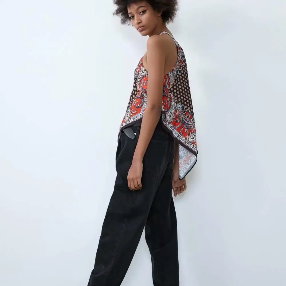 ZA Spring Summer Printed Sling Tops Women T Shirt Fashion Clothes Sleeveless Printing Halter Top Statement Clothing New