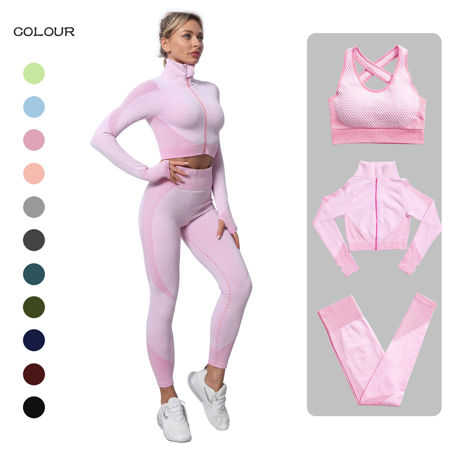 Yoga Set Gym Workout Set Yoga Pants Set Fitness Set Sports Set Sportswear Set 2/3 Pieces Yoga Set Bar High-Waisted Tight Pants Gym Exercise Clothing Suitable Sportswear For Women Zipper Jacket Leggings Suit