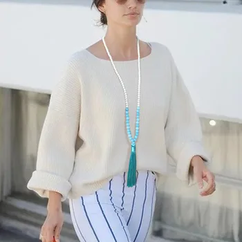 

Crystal Quartz Pearl Natural Stone Beaded Long Sweater Necklace Bohemian Ethnic Tassel Necklace for Women Girls Jewelry