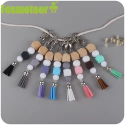 Fosmeteor New Creative DIY Tassel Pendant Contrasting Color Beech Wooden Silicone Bead Keychain Pendant Bag Pendant Toy Gift