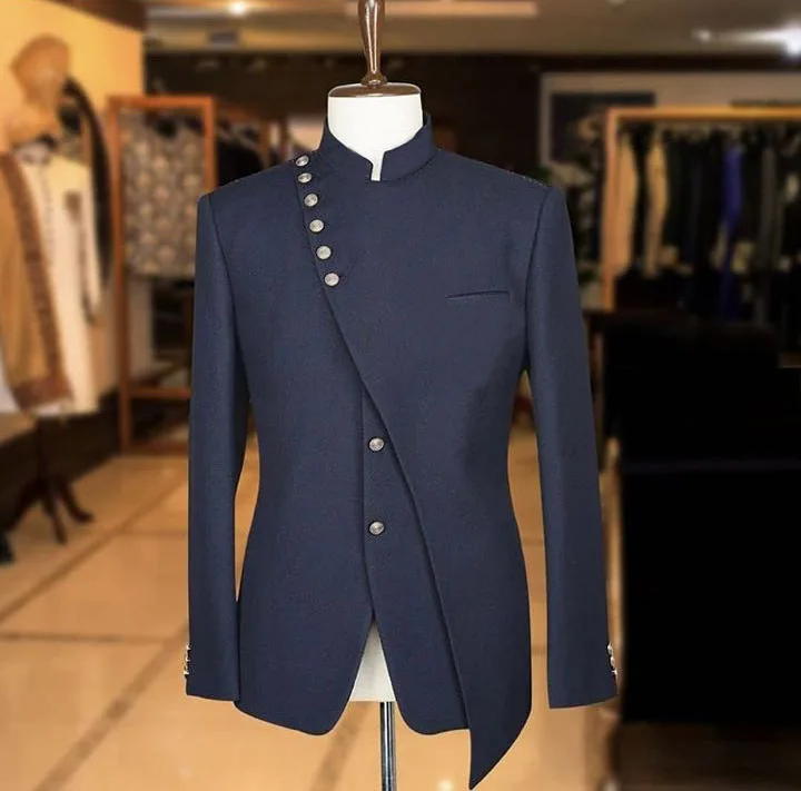 Mens suit 2 Pieces Mandarin lapel groom tuxedos wedding dress jacket blazer