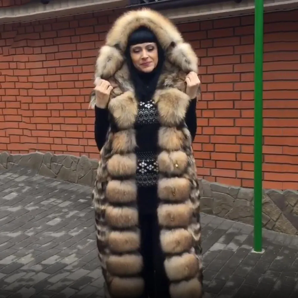 YZ. Меховое пальто из натурального Лисьего меха длинное с капюшоном зимнее теплое пальто из настоящего меха натуральный Лисий жакет из меха для женщин зимнее пальто