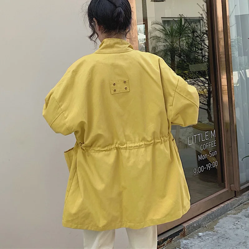 Осень Harajuku стиль большой карман куртка для женщин стоячий воротник Bf Свободное пальто женское зеленое пальто с длинным рукавом для женщин