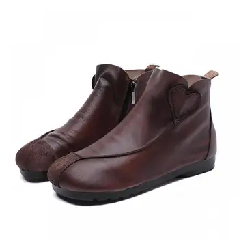 

QPFJQD Genuine Cow Leather Retro Women Booties Handmade Spring Autumn Female Round Toe Zipper Flats With Love Heart Ankle Boots