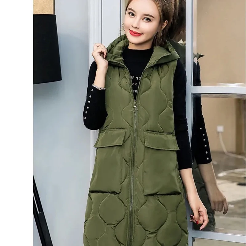 

Women Winter Thicken Vest Jacket Midi-Length Plus Size 100kg Korean Loose Warm Waistcoat Thick Big Pocket Cotton-Padded Clothes